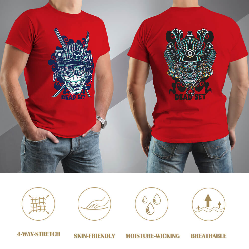 Red cotton men's samurai skull T-shirt, perfect for leisure and events.