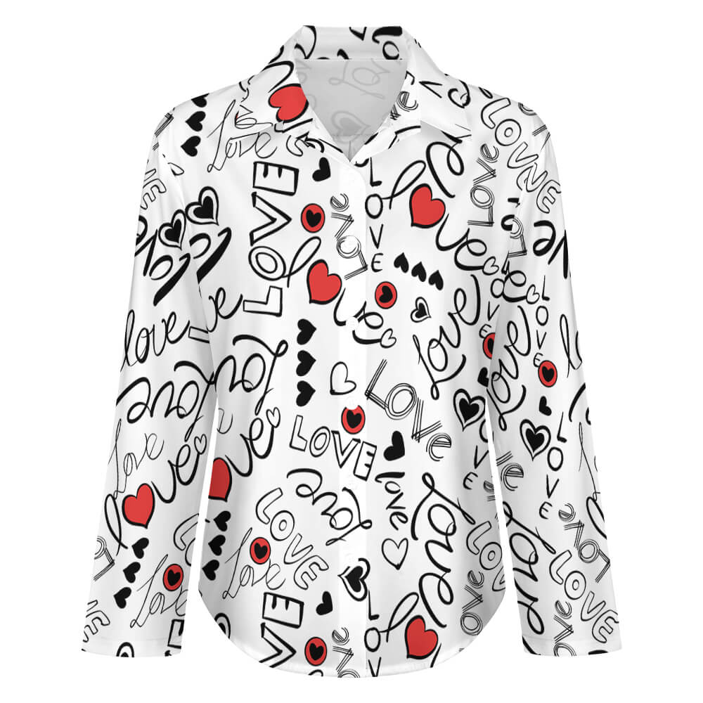 White cropped hem shirt with black lettering and red heart designs, a casual fashion top for women