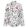White cropped hem shirt with black lettering and red heart designs, a casual fashion top for women