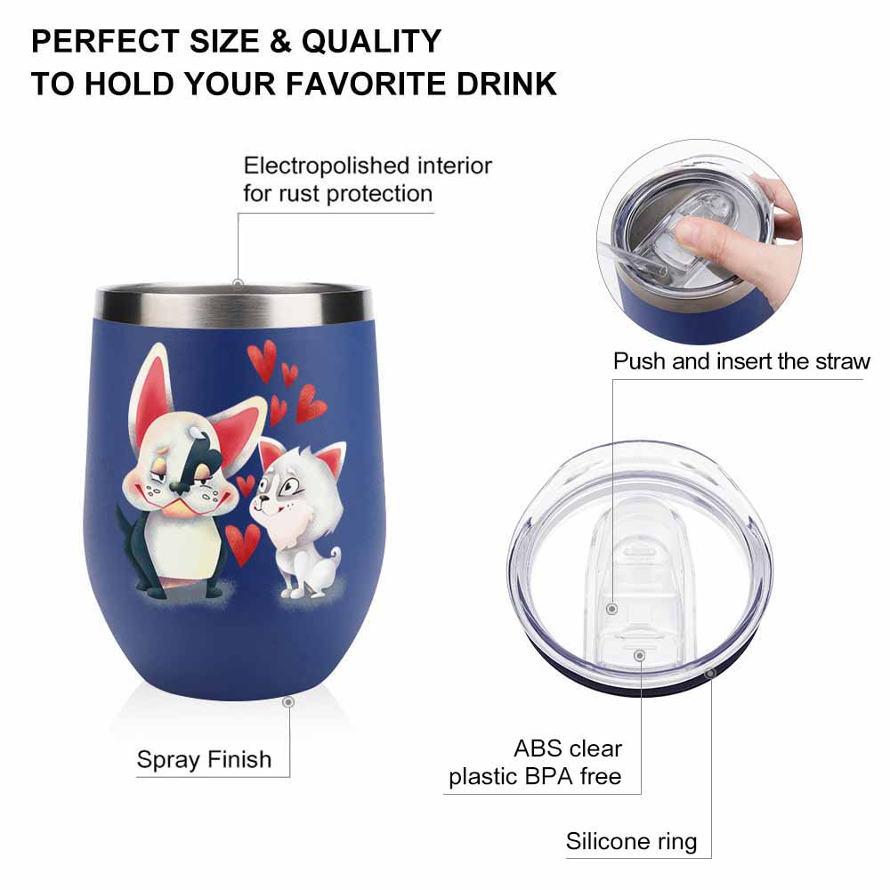 Navy blue stainless steel insulated cup with cartoon penguin and cat design, spill-proof lid, 12oz, Inkedjoy