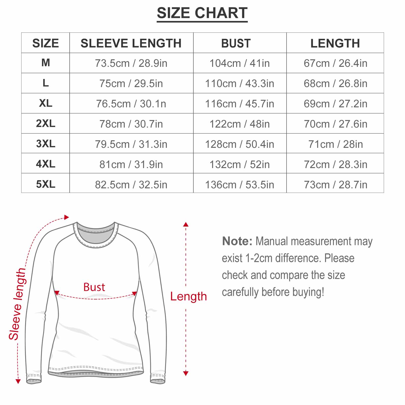 Raglan round neck sweater size chart with measurements, polyester-cotton blend, available sizes S-4XL
