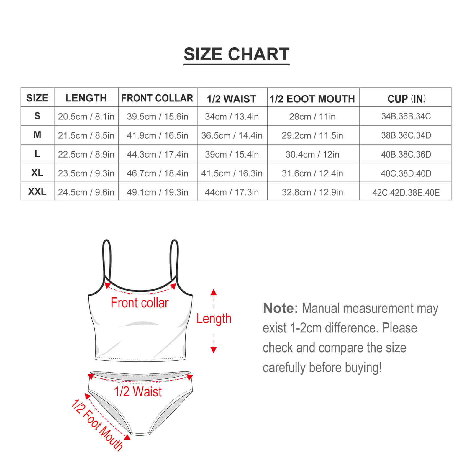 Bikini swimwear size chart with measurements, including length, hip, waist, and cup.