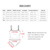 Bikini swimwear size chart with measurements, including length, hip, waist, and cup.