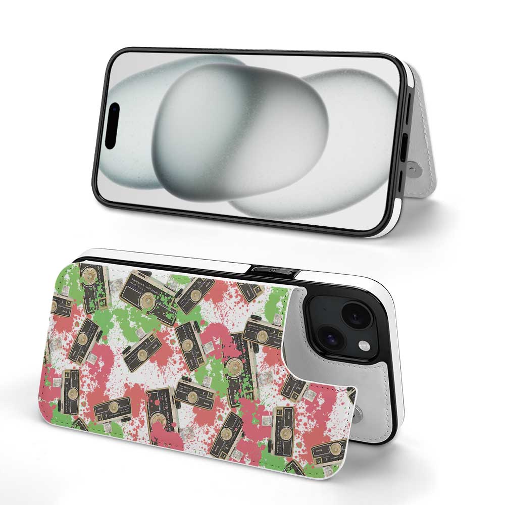 iPhone 15 case with floral print, card slot design, TPU leather, full protection.