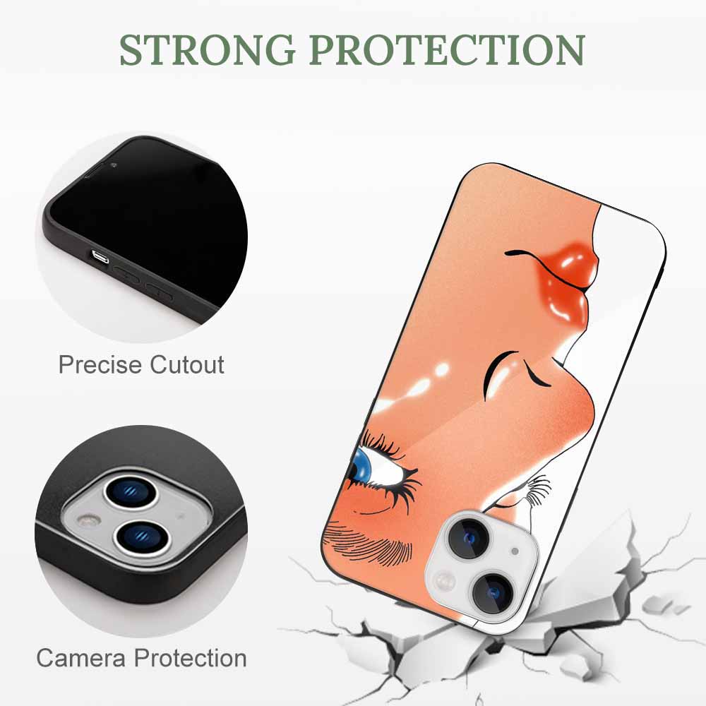 iPhone 13 glass case with face design, strong protection, precise cutouts, and camera protection.