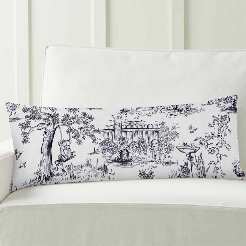 Extra long blue and white polyester pillowcase, landscape print for sofa or bed decor