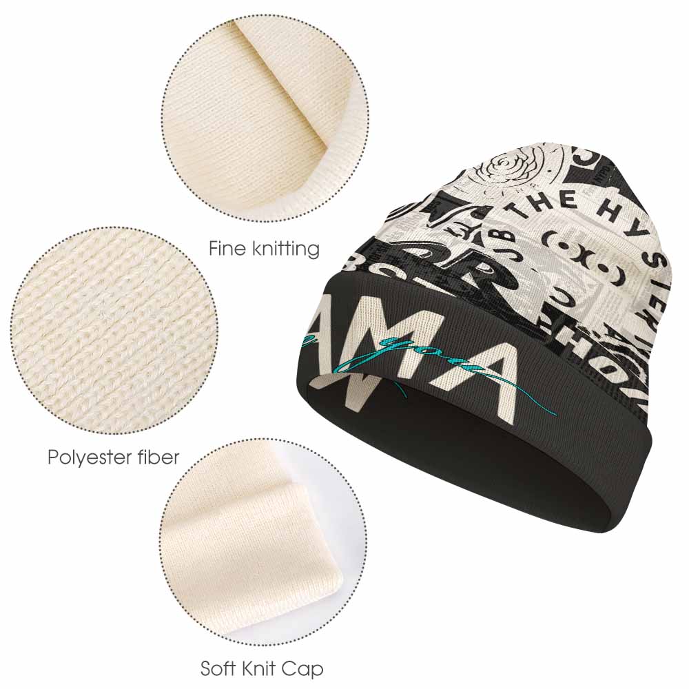 Polyester knitted hat with MAMA text design, comfortable and warm for winter wear, showcasing material details.