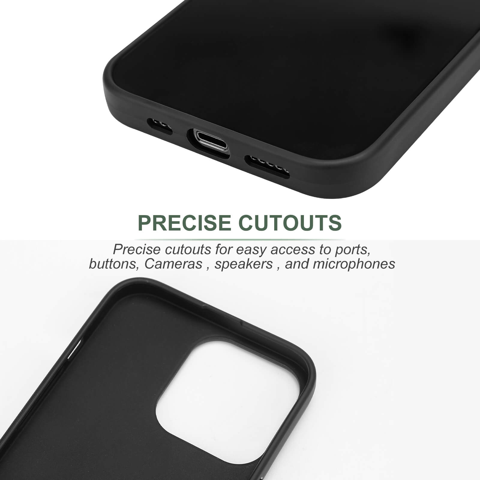iPhone 13 black TPU case with precise cutouts for easy access, supporting wireless charging