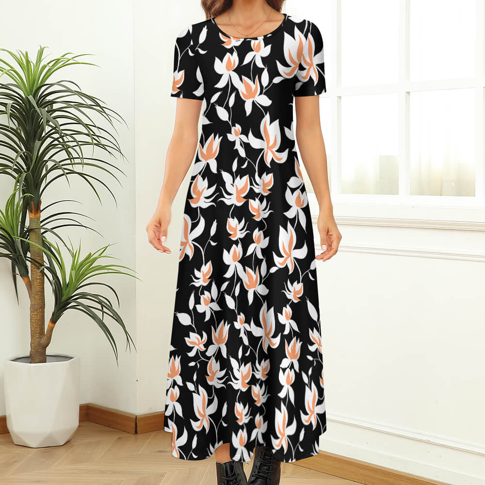 Black floral print round neck short sleeve dress, maxi length, perfect for spring and autumn.