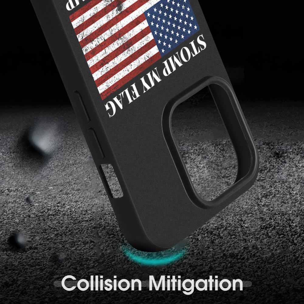 iPhone 15 Pro case with American flag, black TPU, "STOMP MY FLAG" text, shockproof, and collision mitigation.