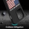 iPhone 15 Pro case with American flag, black TPU, "STOMP MY FLAG" text, shockproof, and collision mitigation.