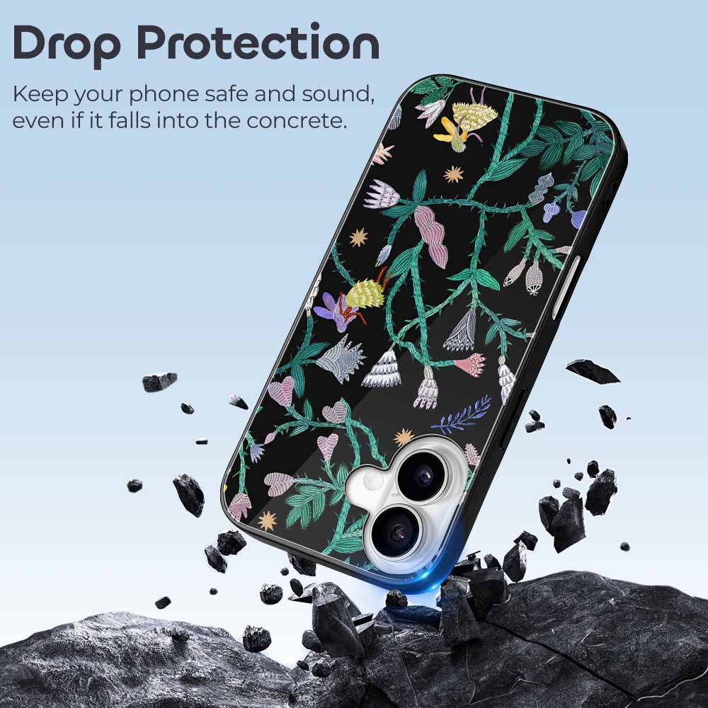 iPhone 16 series glass case with floral design. Anti-scratch protection and drop protection.