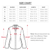 Irregular hem shirt size chart with measurements (cm/in), available in S-XXL sizes.