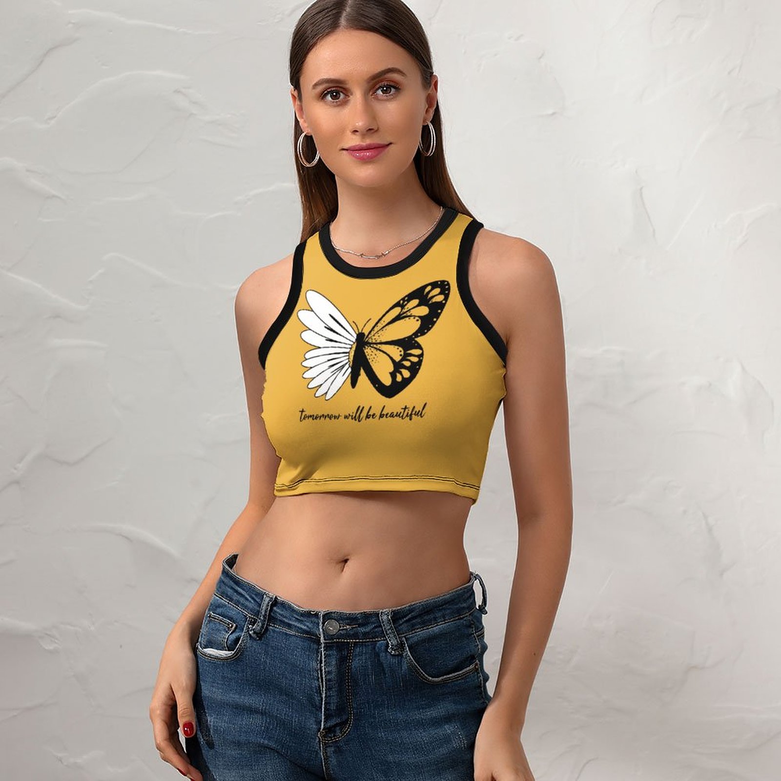 Yellow butterfly graphic cropped racerback tank top, summer style. Polyester/Spandex blend.