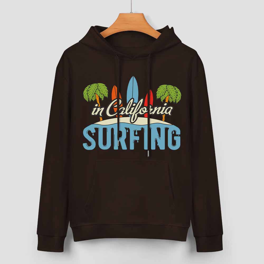 Black cotton California Surfing hoodie with graphic, loose fit, for daily wear.
