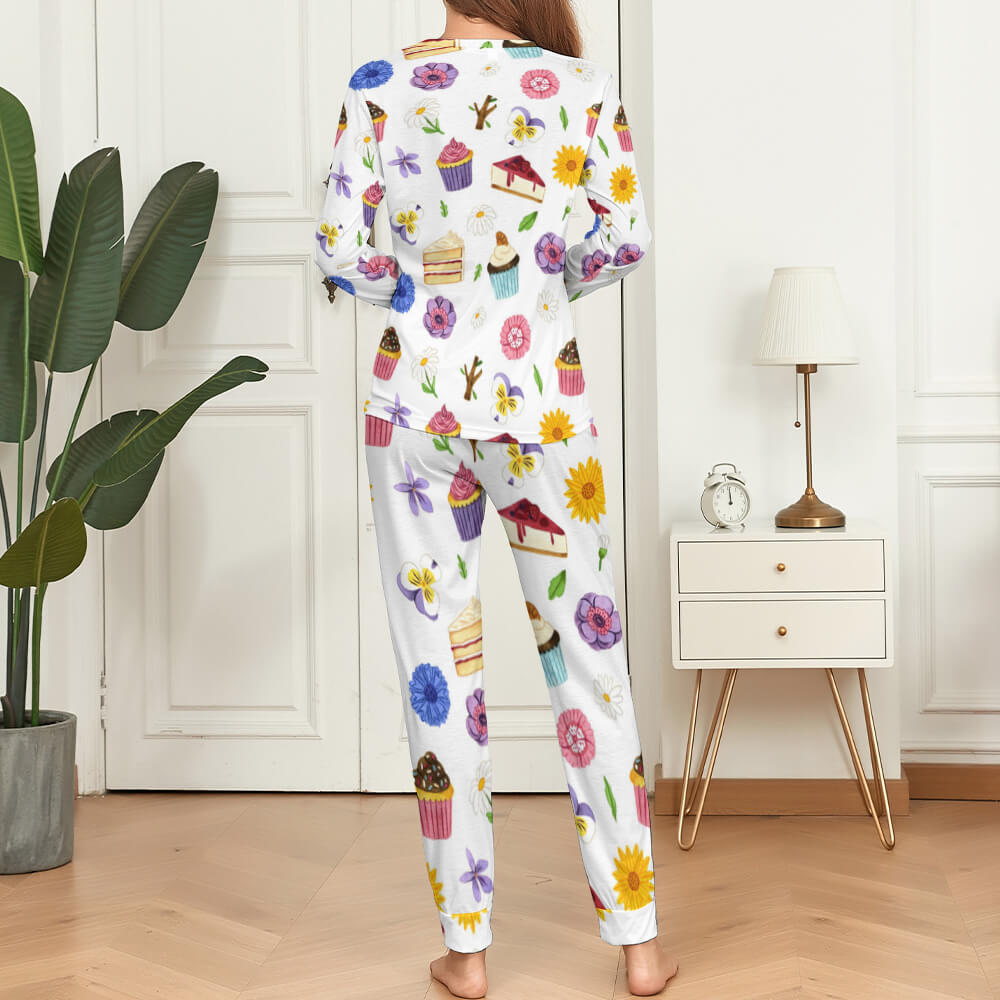 Soft Women's Pajama Set - White with colorful patterns, long sleeve top and pants