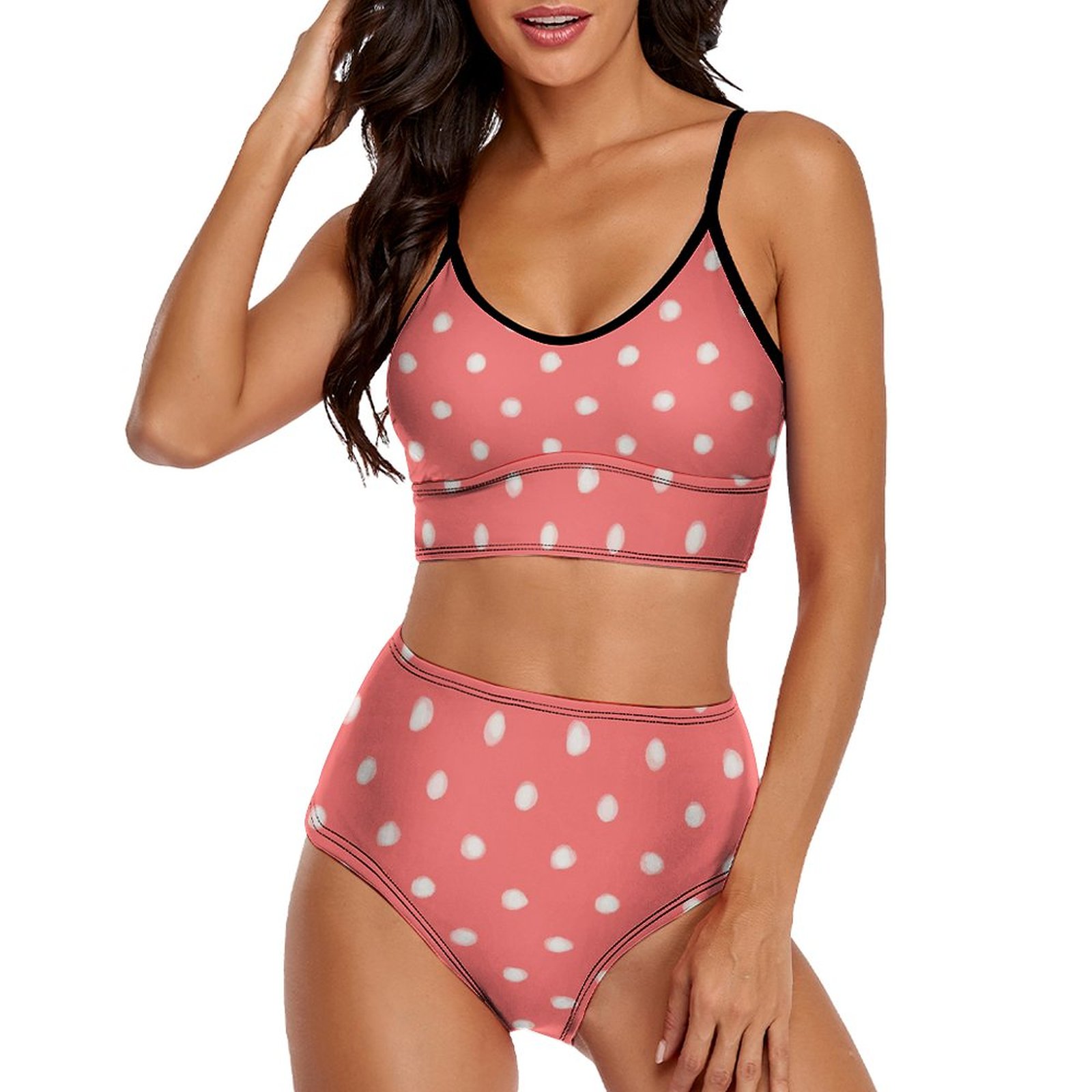 Pink polka dot bikini swimwear, high waisted design for a flattering fit.