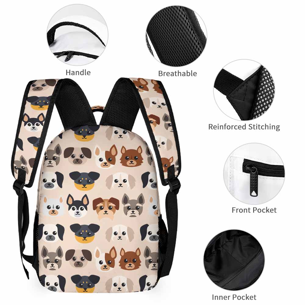 Schoolbag set with cute dog pattern, front pocket, side pockets and durable materials.