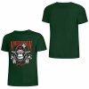 Green cotton short-sleeved T-shirt with American Legend gorilla graphic print, summer fashion.