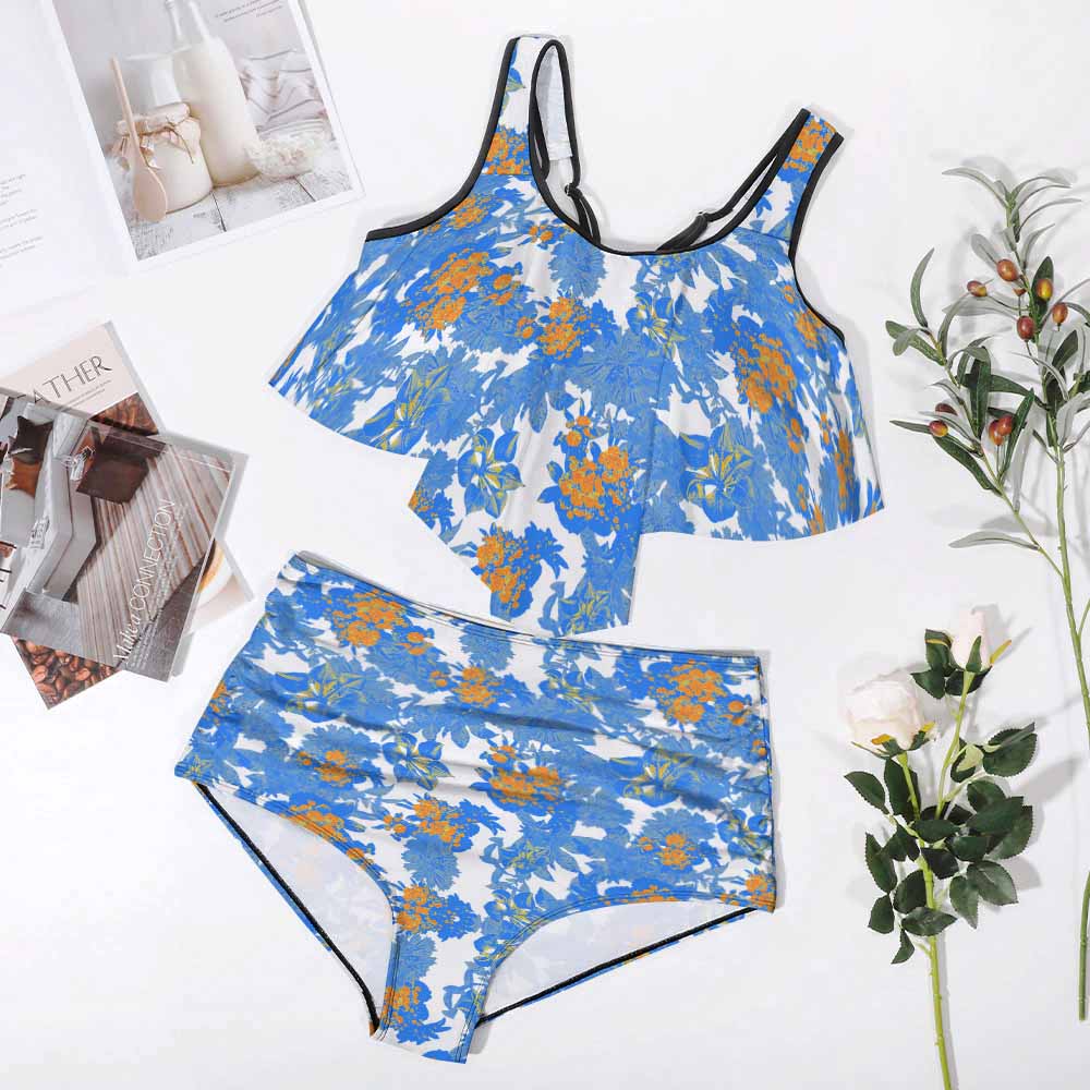 Blue floral high-waisted bikini swimsuit, stylish and comfortable for summer, perfect for beach or pool