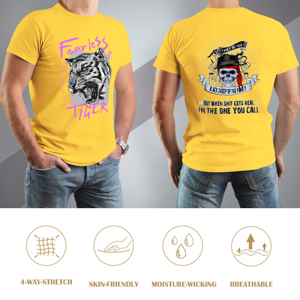 Yellow cotton men's Fearless Tiger graphic T-shirt, front and back print, collection