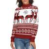 Women's red turtleneck sweater with reindeer pattern, a perfect winter fashion piece.