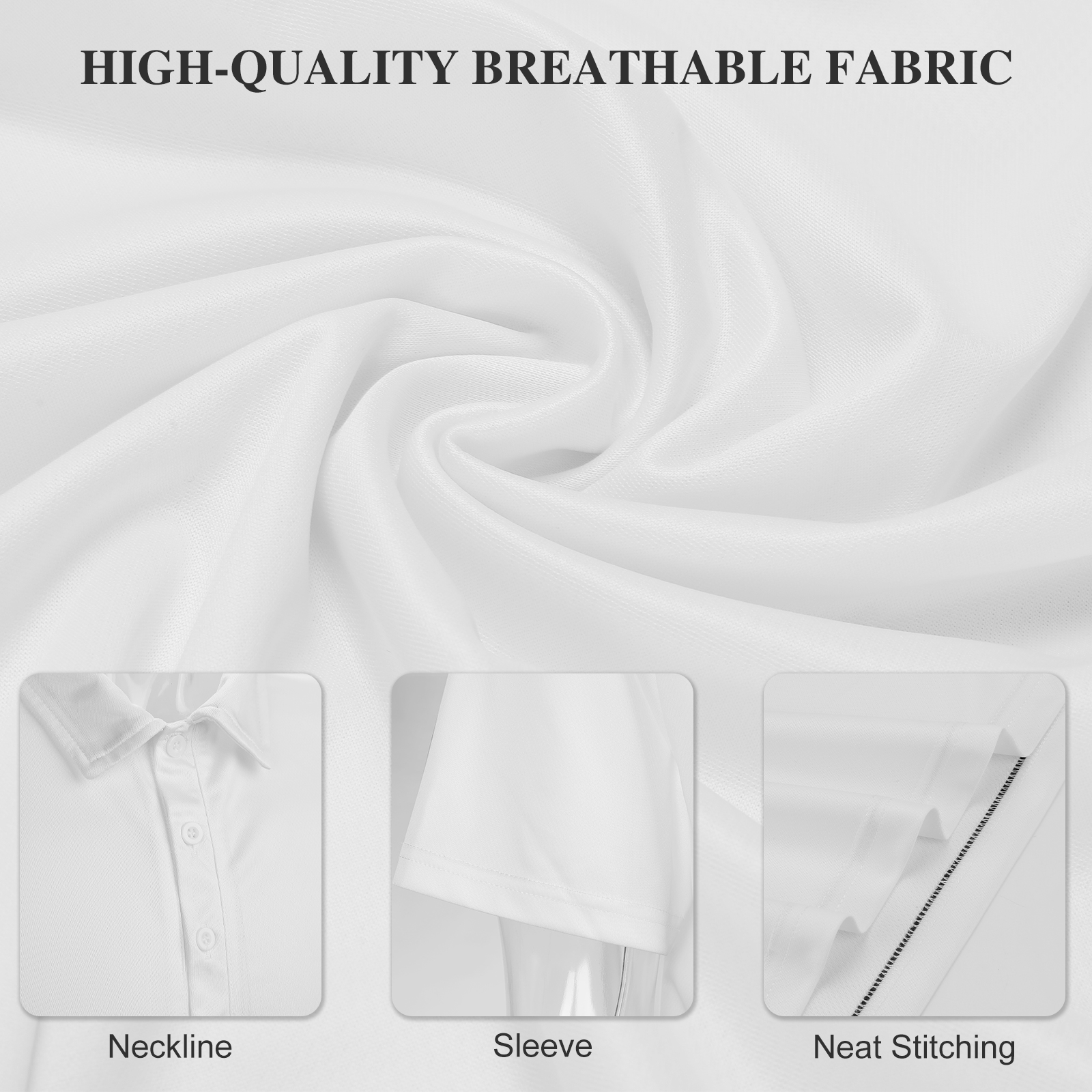 White mesh polo shirt fabric detail, high-quality breathable material, perfect for comfortable wear.