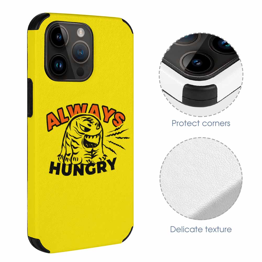 Yellow iPhone 14 fiber skin case featuring 'ALWAYS HUNGRY' graphic, scratch-resistant, precise cutouts.
