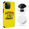 Yellow iPhone 14 fiber skin case featuring 'ALWAYS HUNGRY' graphic, scratch-resistant, precise cutouts.