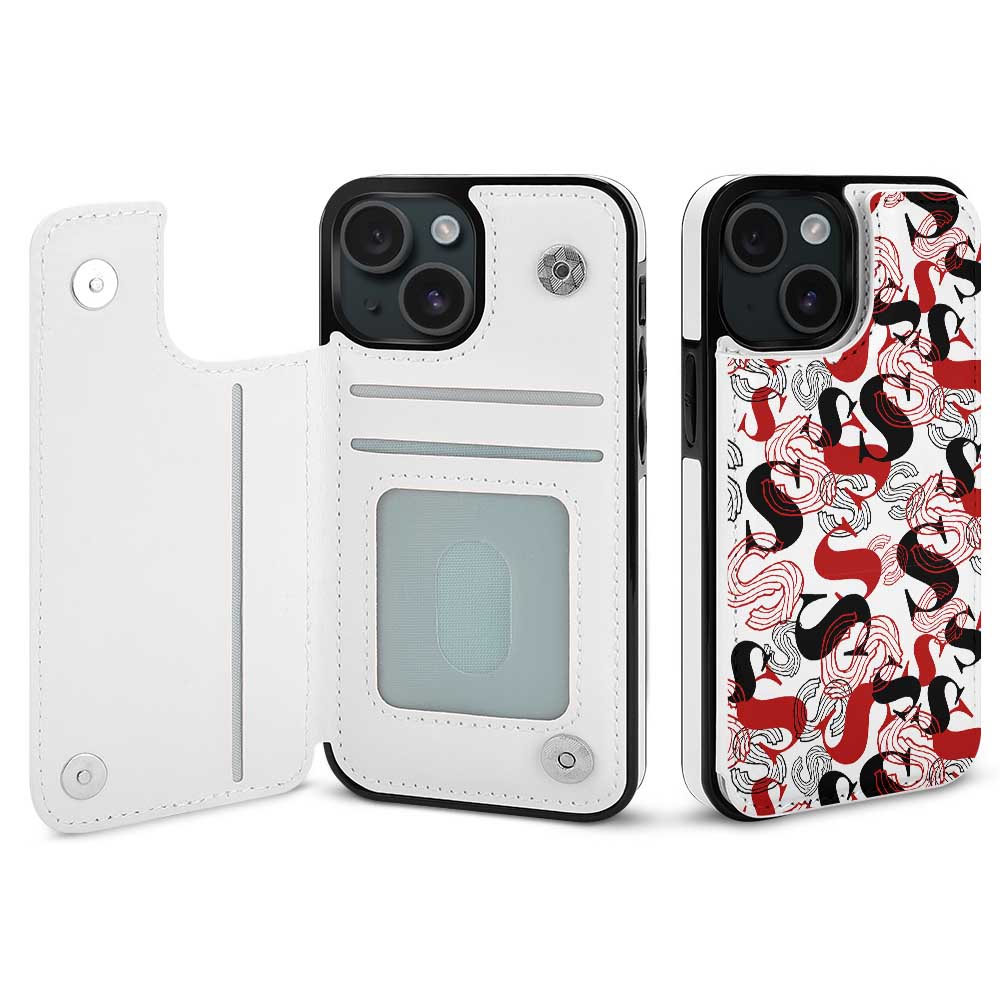 iPhone 15 case with card slot, TPU leather material, white and patterned design, providing full protection.