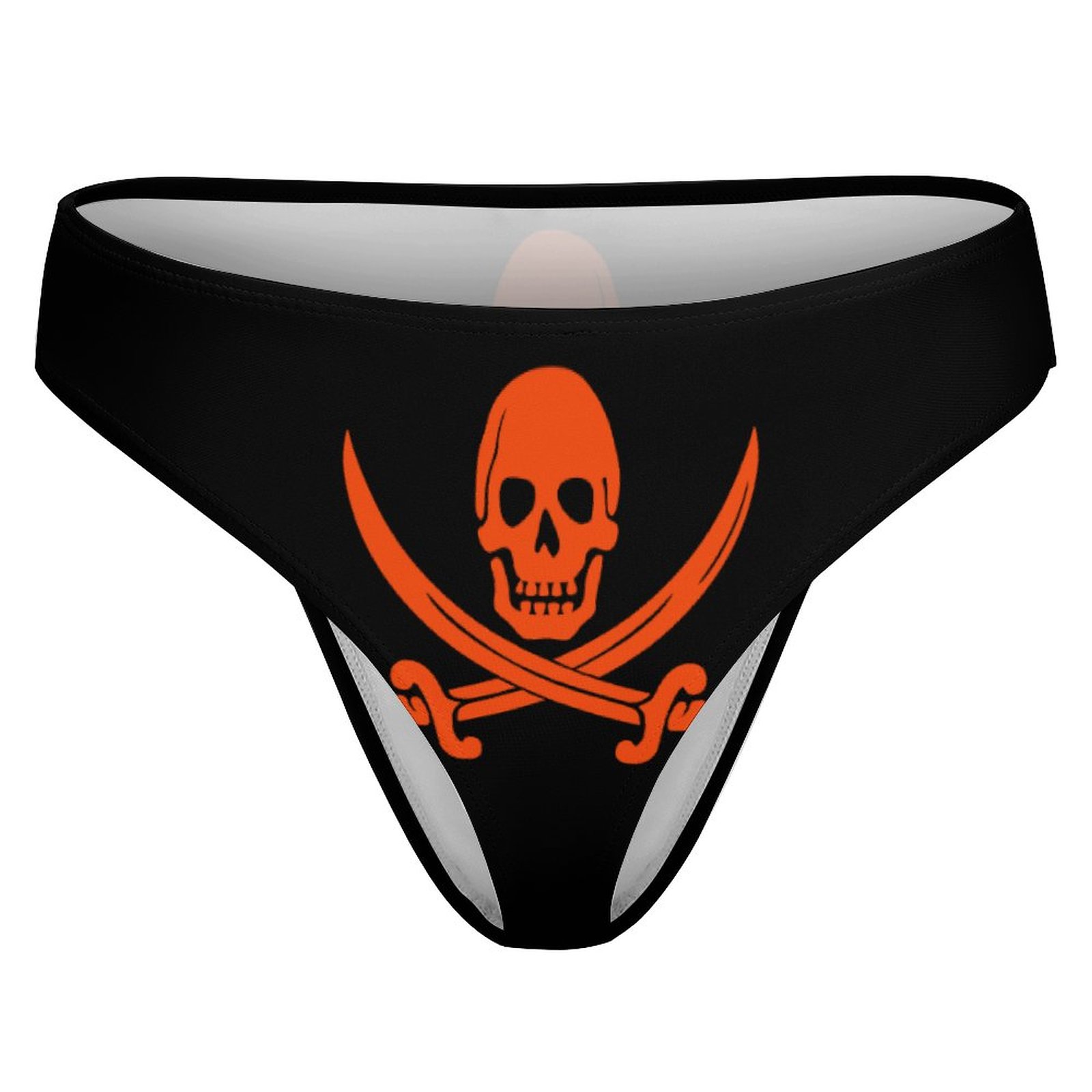 Black swimwear thong with orange skull and crossbones design. Elastic, comfortable thong for daily or swimming wear.
