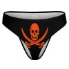 Black swimwear thong with orange skull and crossbones design. Elastic, comfortable thong for daily or swimming wear.