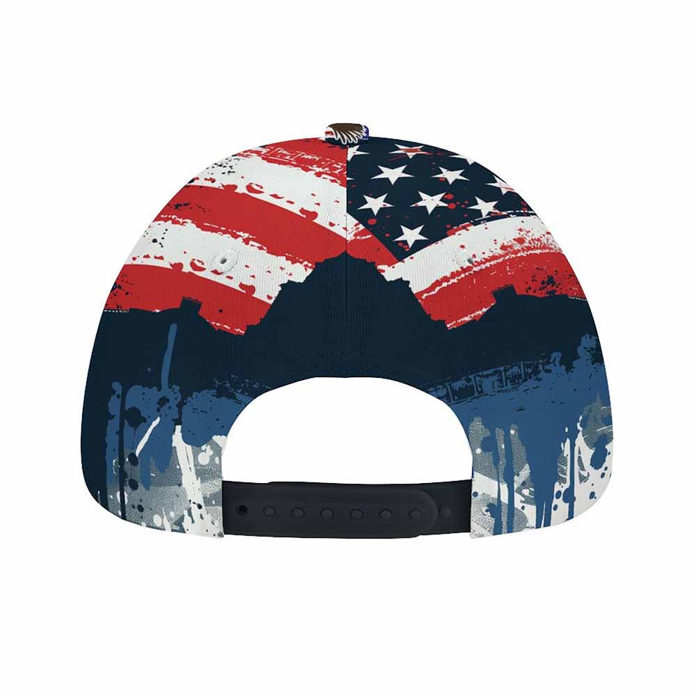 Baseball cap featuring the American flag design, polyester fabric, curved brim, adjustable for comfort.
