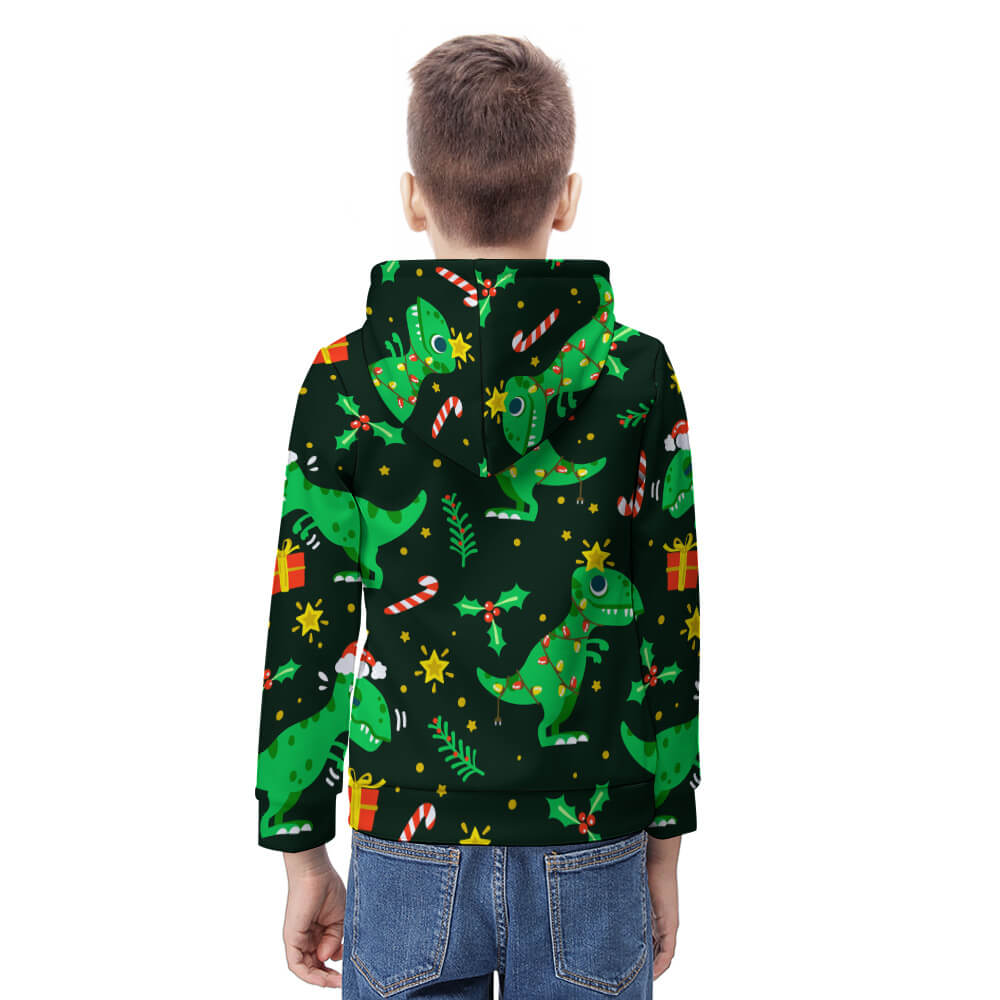 Youth all-over print hoodie featuring a green dinosaur pattern, perfect for spring, autumn, and winter wear.