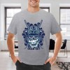 Grey cotton men's T-shirt with blue samurai skull design and "DEAD SET" text, perfect for events and leisure