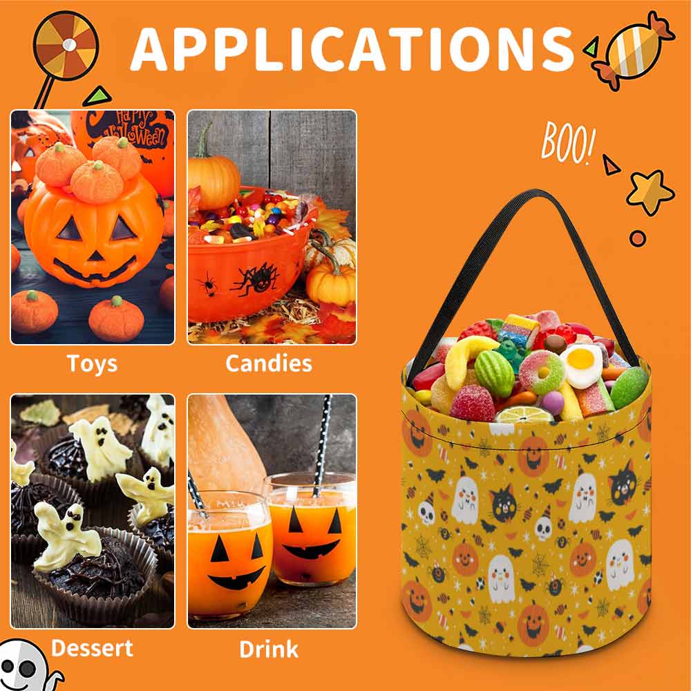 Halloween tote bag with ghost and pumpkin pattern, ideal for candy and party favors.
