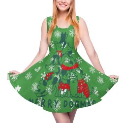 Green Christmas dress, round neck, sleeveless with reindeer print.