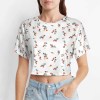 Women's short-sleeved navel exposed shirt with floral print in brushed milk silk