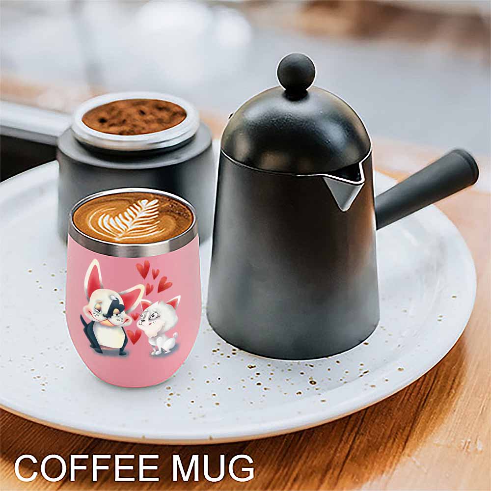 Pink stainless steel insulated coffee mug with cat design, coffee maker, Inkedjoy.