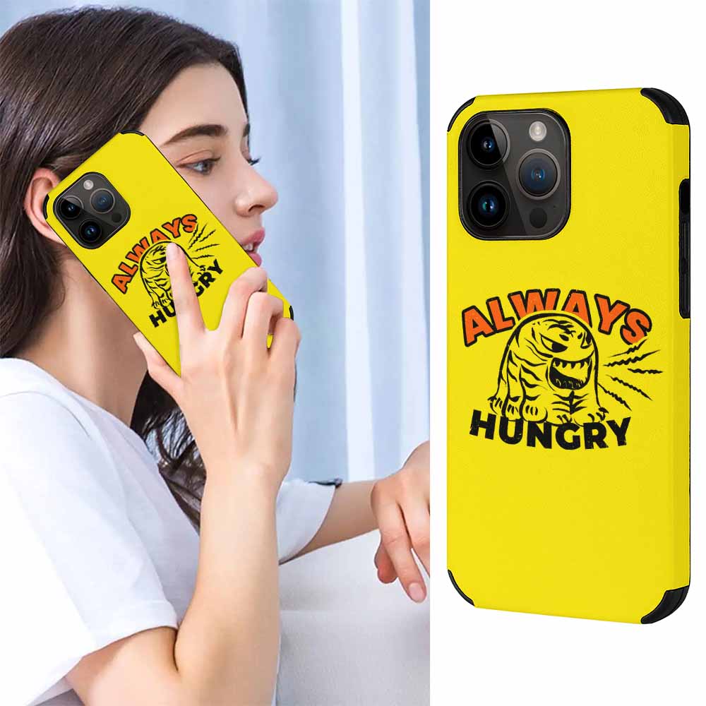 Yellow iPhone 14 fiber skin case with 'ALWAYS HUNGRY' graphic