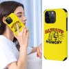 Yellow iPhone 14 fiber skin case with 'ALWAYS HUNGRY' graphic