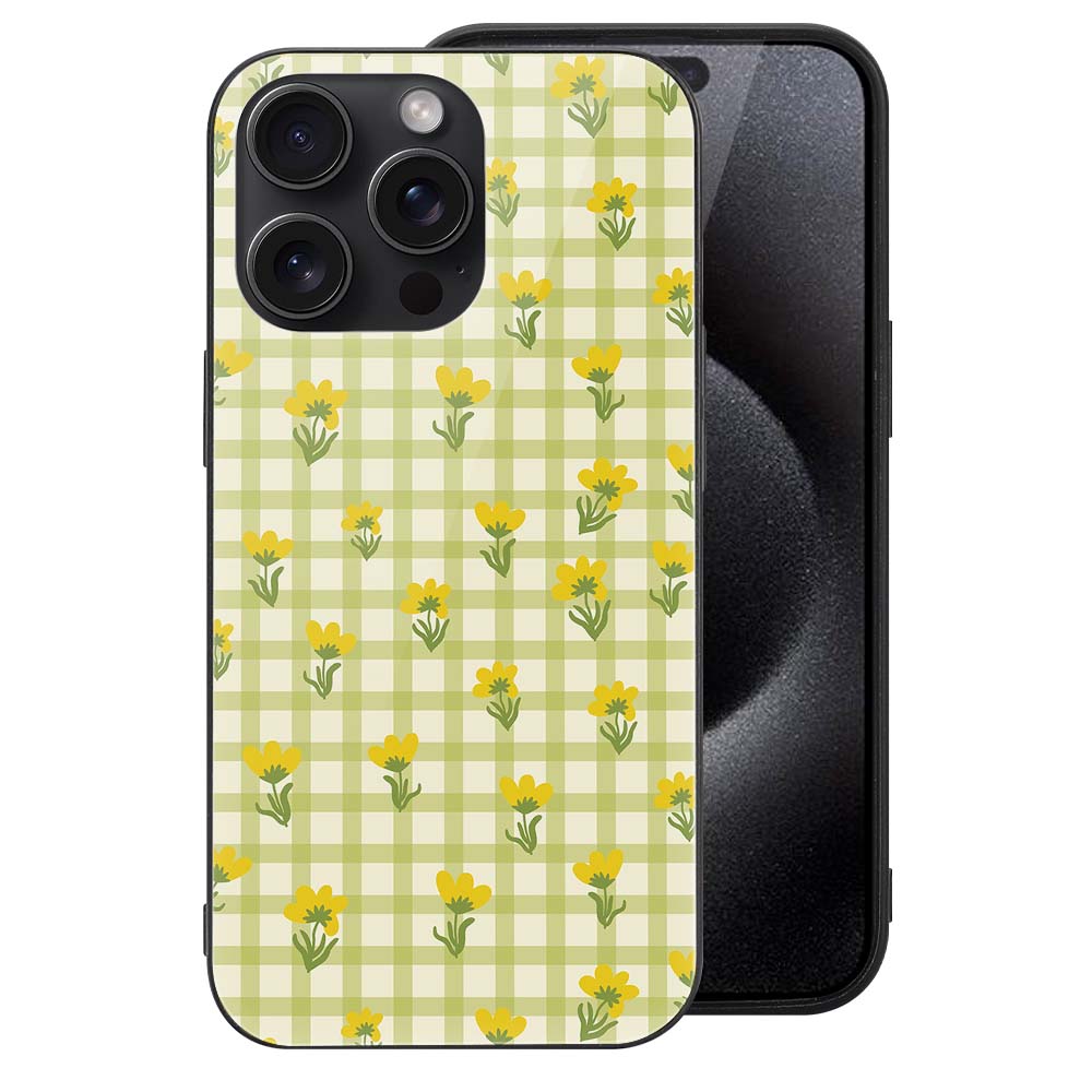 iPhone 15 case with yellow gingham floral pattern and sunflower design, Glass + TPU protection.