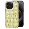 iPhone 15 case with yellow gingham floral pattern and sunflower design, Glass + TPU protection.