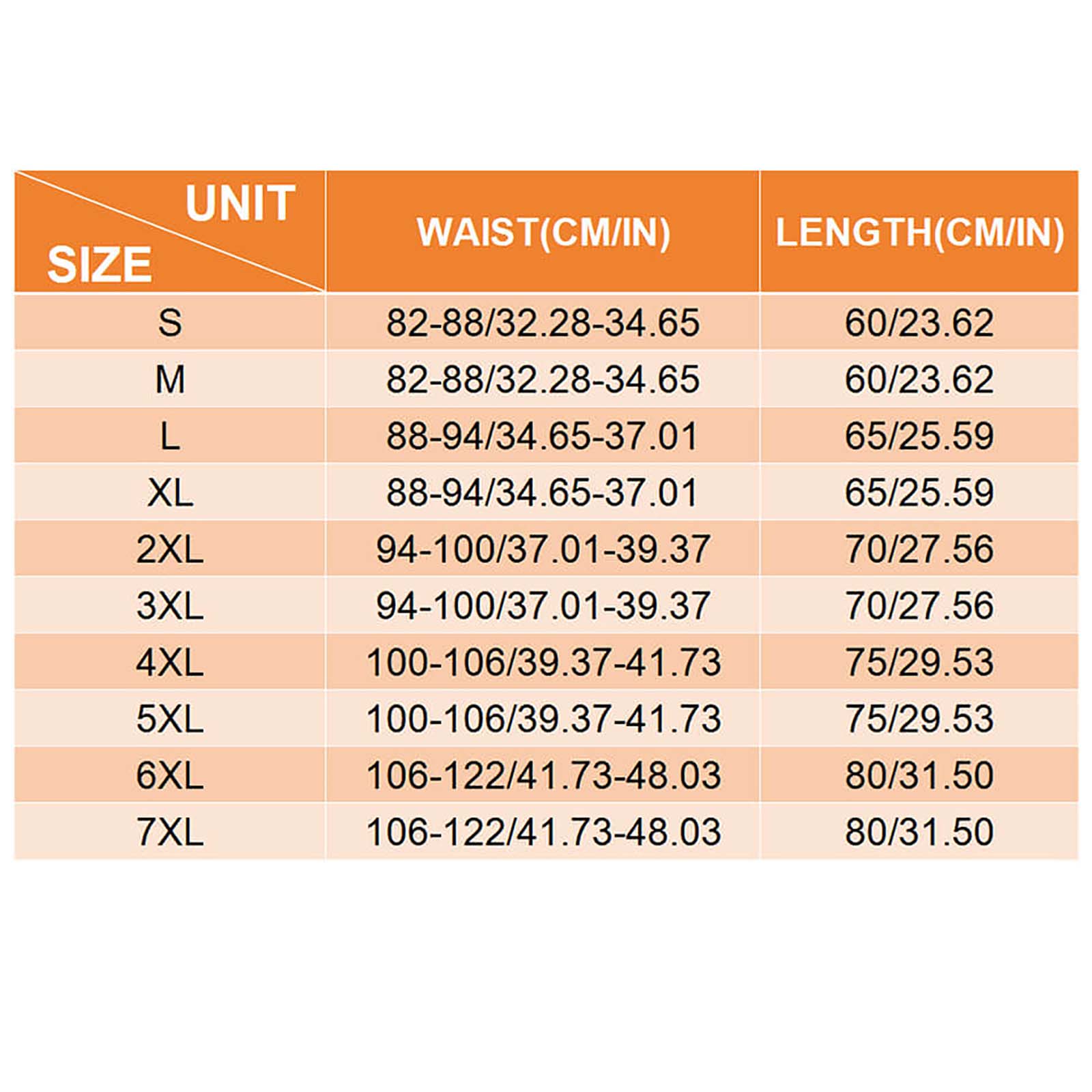 Size chart for Zipper Skirt: waist & length in cm/inches, S-6XL.