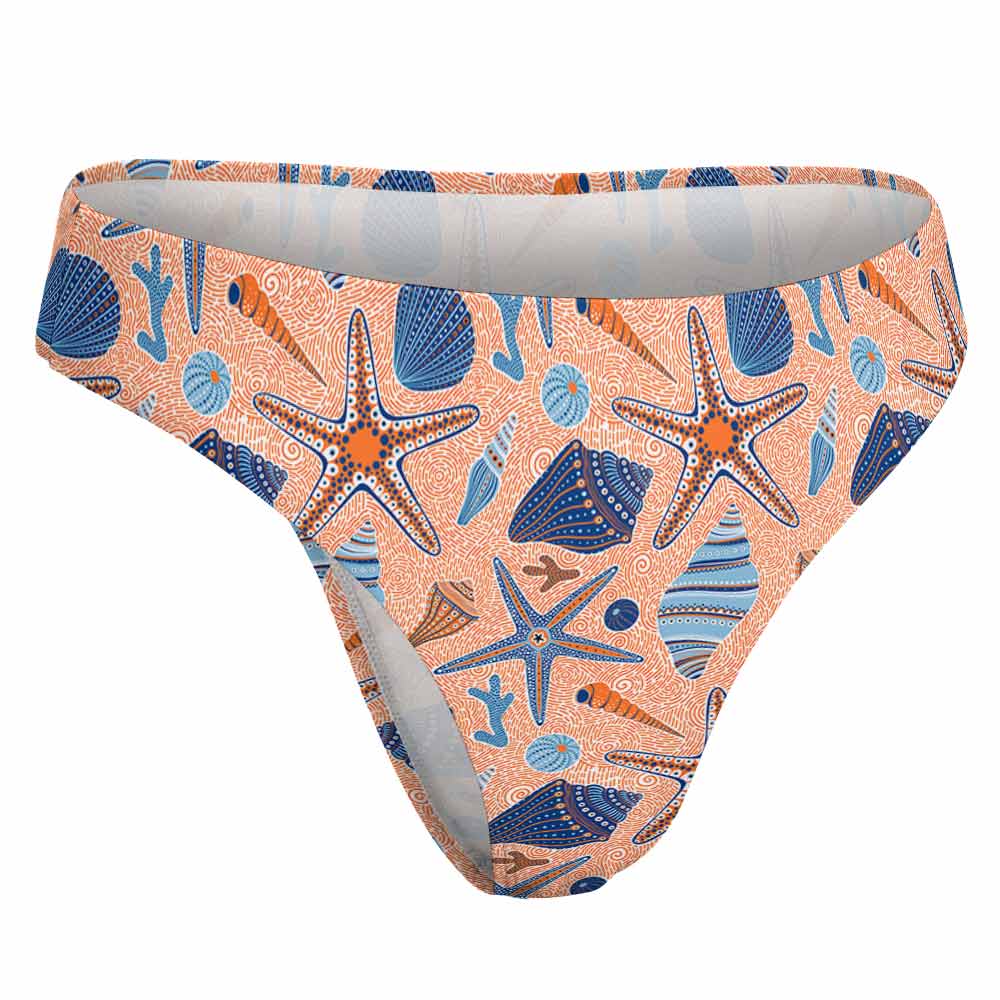 Peach thong panties with starfish pattern, comfortable polyester-spandex blend