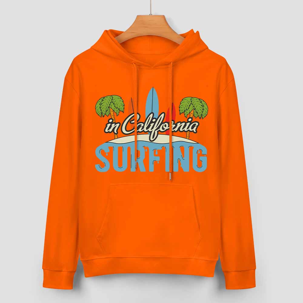 Orange cotton California Surfing hoodie, loose fit, suitable for daily wear.