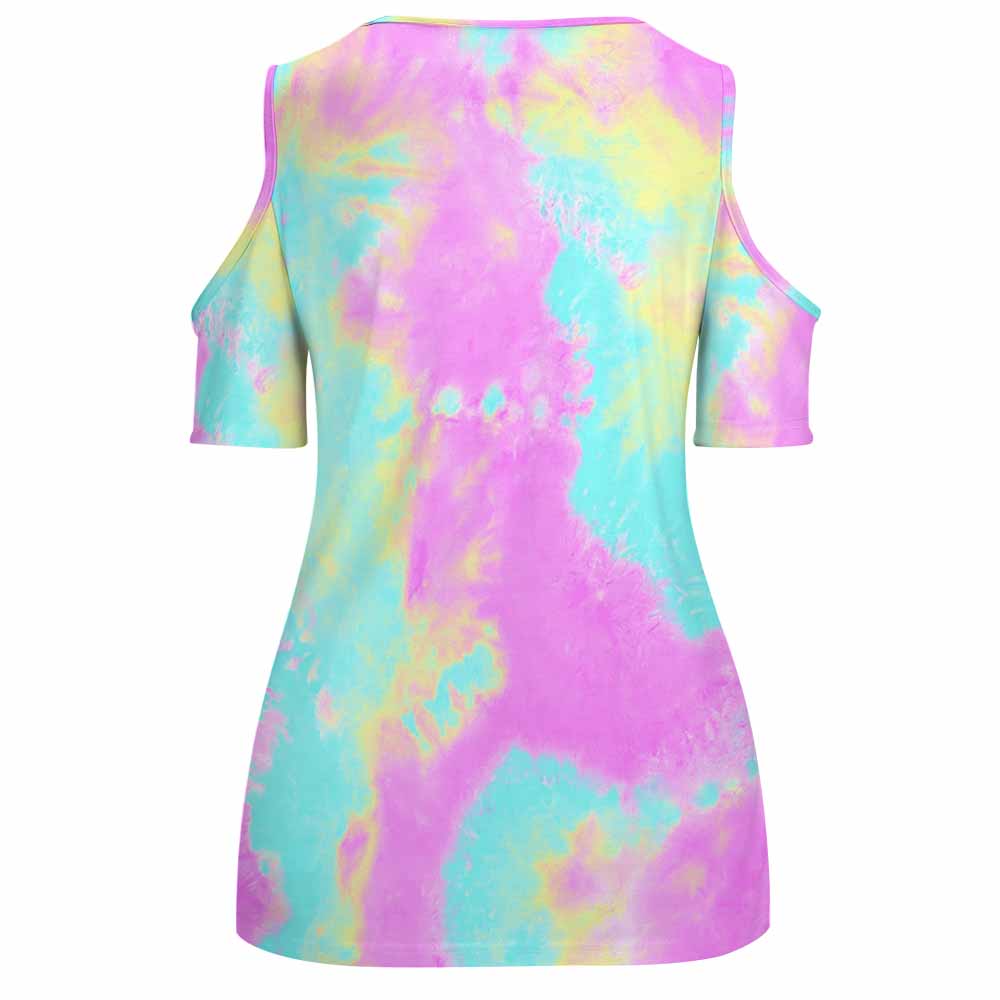 ACT tie-dye U-neck off-shoulder top in pastel shades. Comfortable polyester-spandex blend, slim fit.