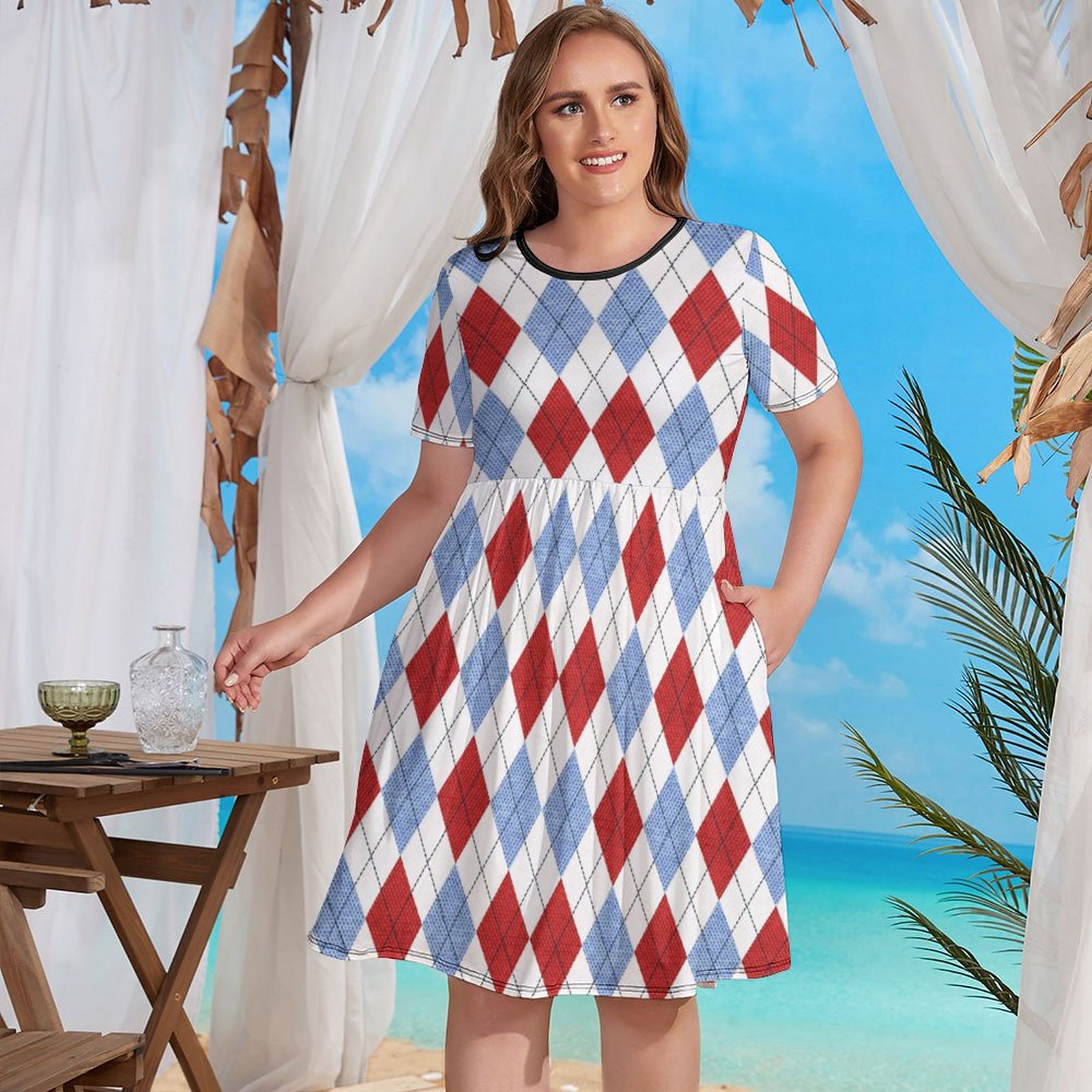 Geometric figure plus size dress in red and blue diamond pattern, short sleeves