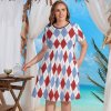 Geometric figure plus size dress in red and blue diamond pattern, short sleeves