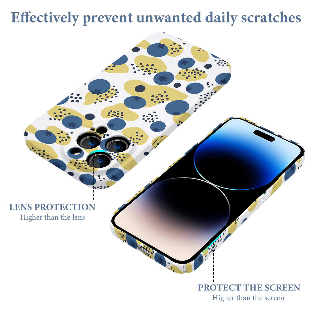 Floral iPhone 14 case with lens protection, PC plastic, scratch-resistant, precise cutouts.
